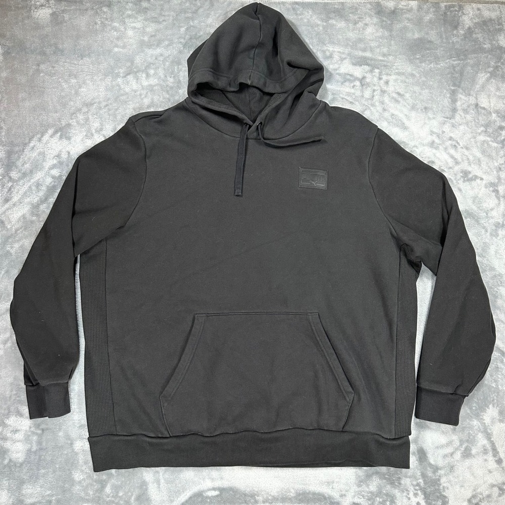 Puma Mens Black Fleece Pullover Hoodie Waffle Knit Side Panels 682801-01 XXL